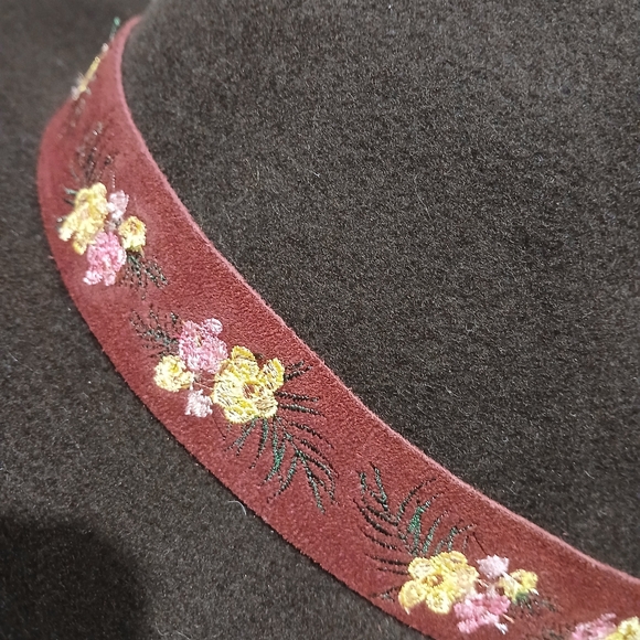 Women's WYETH Frida Kahlo Brown WOOL Wide Brim FEDORA HAT Floral Band BOHO Ranch - Picture 6 of 10